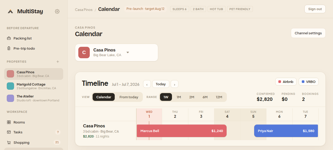 MultiStay booking calendar — every channel's reservations on one colour-coded month grid
