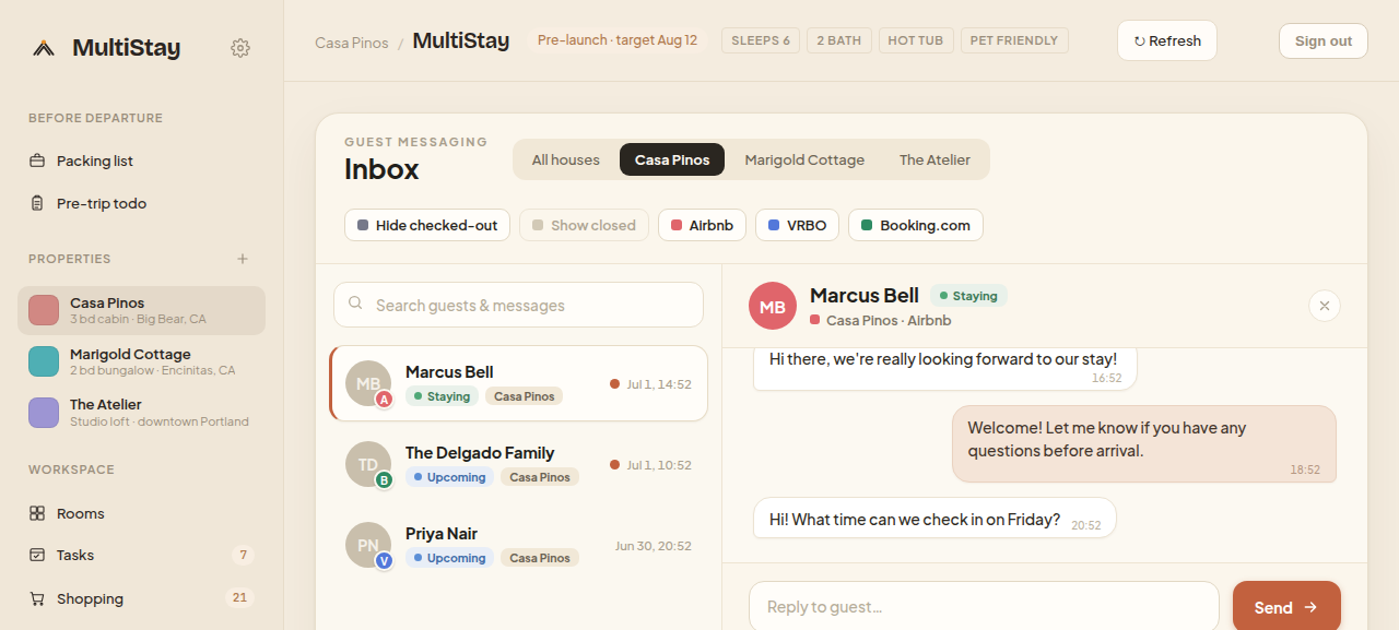 Unified guest inbox — Airbnb, Vrbo and Booking.com threads with stay status
